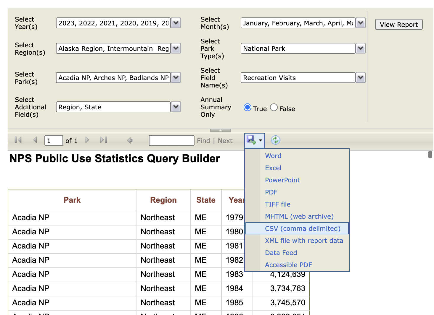 Selections for National Park visit data generated with Query Builder for Public Use Statistics